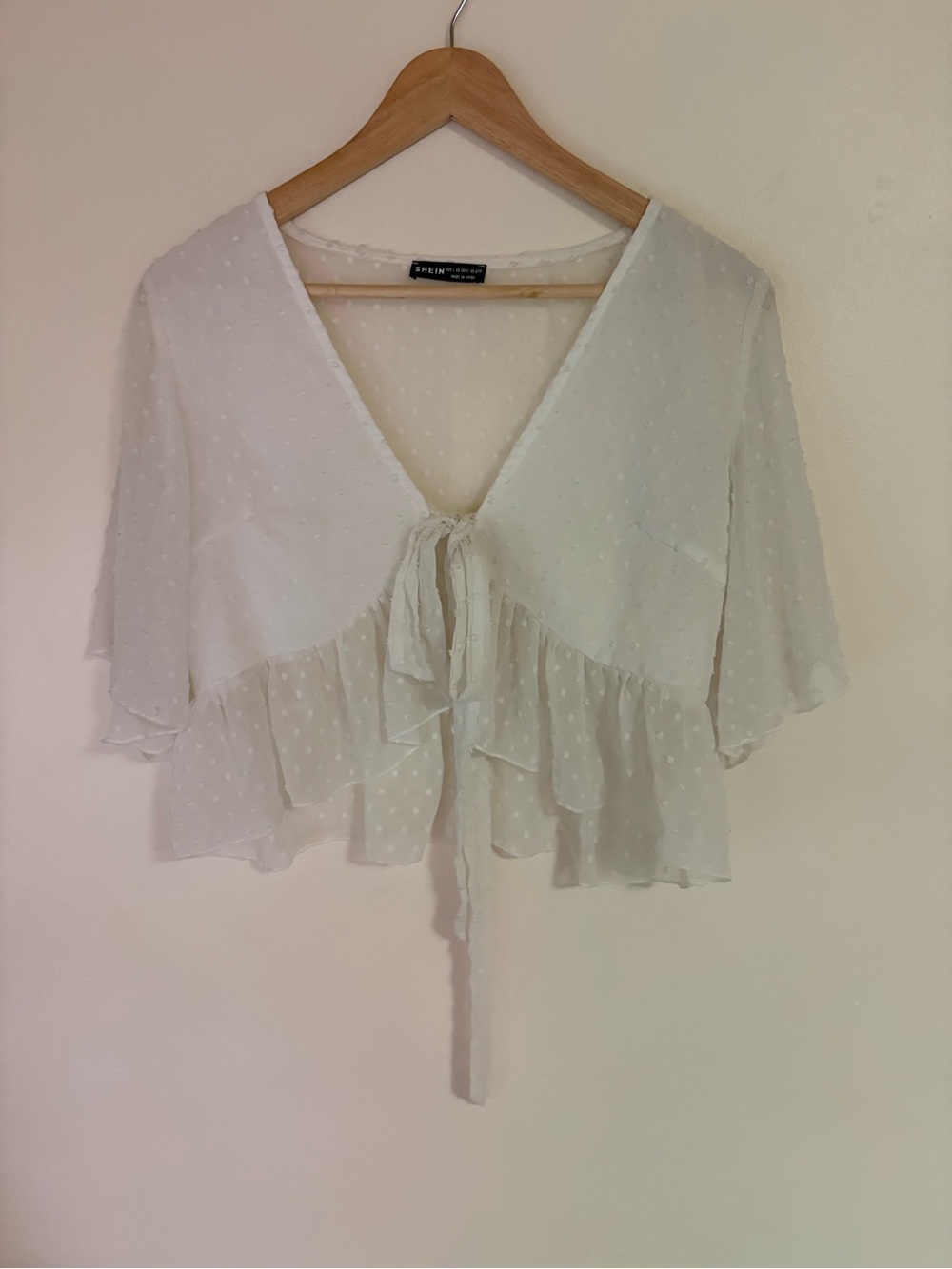 Sheer Swiss Dot Tie-Front Cropped Blouse - White - Large Cute Top With Ruffles